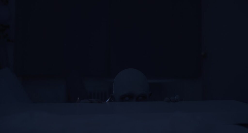 Dark figure peeking over a surface with eerie, shadowy ambiance, creating a sense of suspense and mystery, illustrating horror or thriller themes for stagecraft and theatrical production concepts.