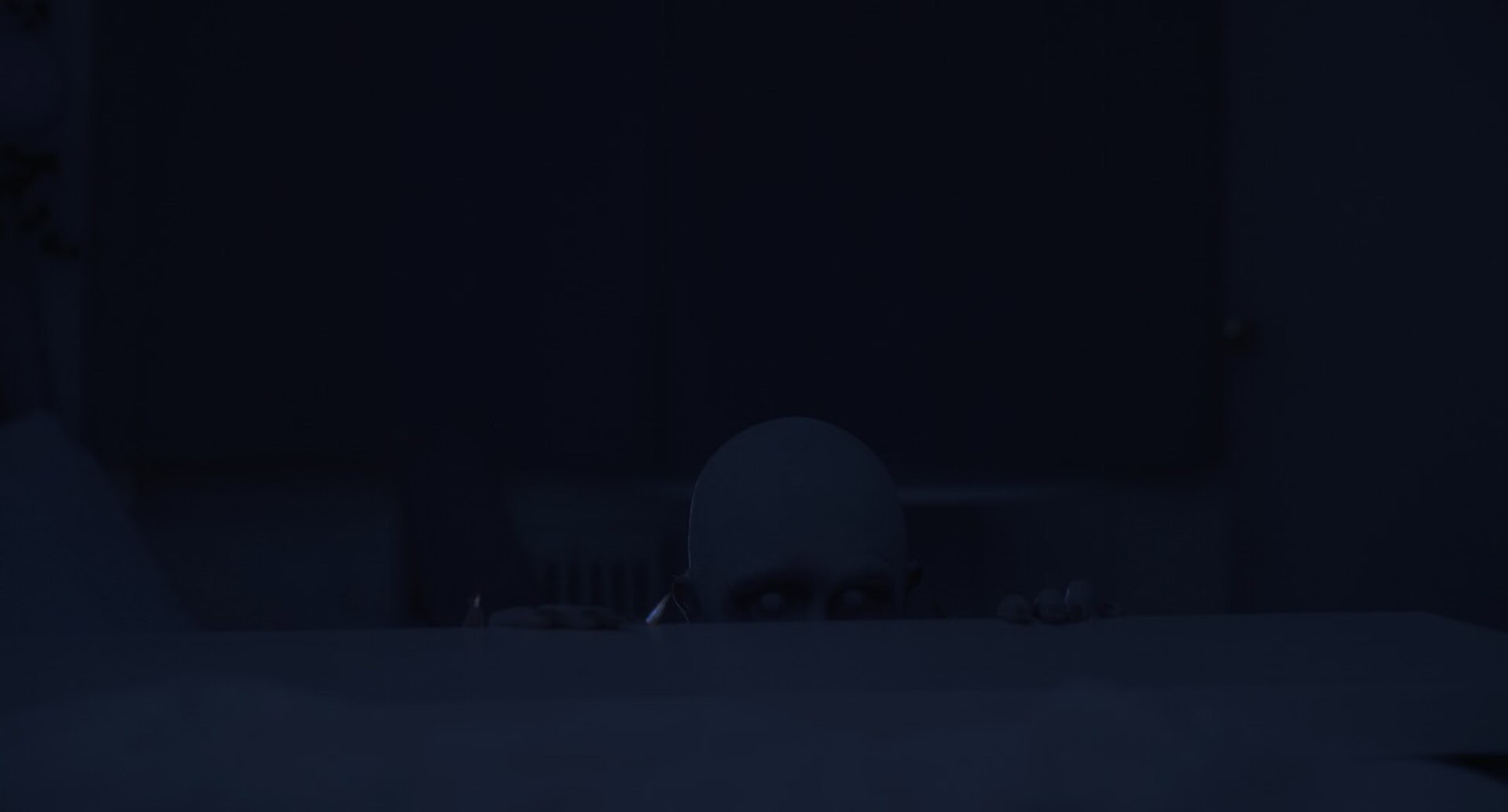 Dark figure peeking over a surface with eerie, shadowy ambiance, creating a sense of suspense and mystery, illustrating horror or thriller themes for stagecraft and theatrical production concepts.