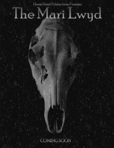 Horse skull with dramatic lighting and starry background, promoting The Mari Lwyd production by The StageCrafts, emphasizing theatrical performance, horror themes, and upcoming show details.