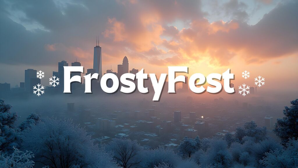 FrostyFest winter event with a snowy cityscape at sunset, showcasing city skyline and snow-covered trees, perfect for winter festival, holiday celebration, and seasonal outdoor activities.