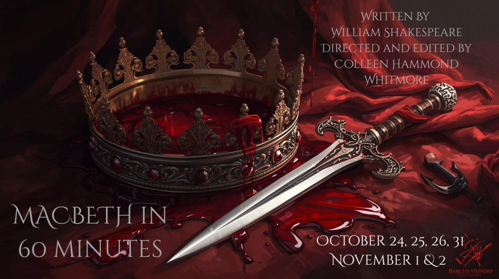 Blood-stained crown and ornate sword from Macbeth play poster on red velvet fabric, theatrical staging, classic Shakespeare tragedy, theatrical promotional design, stagecrafts production imagery, Macbeth themed performance, October-November play dates, theatrical art, dramatic costume and props setup, promotion for Shakespeare's Macbeth shows, theatrical advertising imagery.