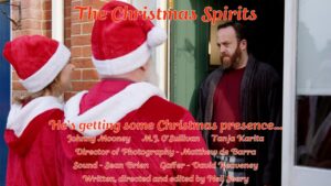 Santa Claus visitors at Christmas event, festive holiday scene, holiday spirits, seasonal celebration, family holiday gathering, holiday production, Christmas theater, seasonal entertainment, holiday-themed film or photography, holiday event coverage, Christmas storytelling, Christmas festive atmosphere, holiday photo shoot, holiday cast or crew, Christmas occasion.