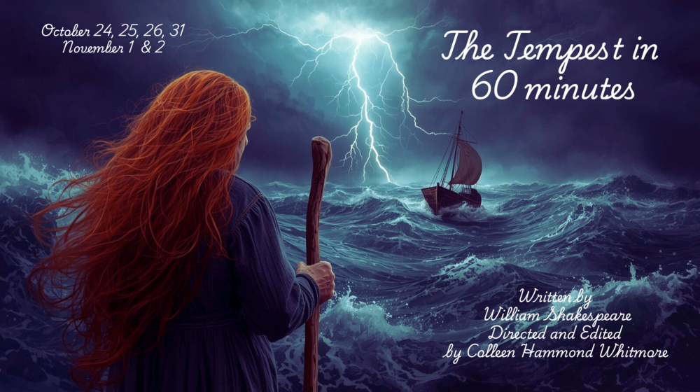 Stormy seas with lightning, ship, and woman with red hair holding a staff, theatrical storm scene for Shakespeare's The Tempest, stagecraft, dramatic theater imagery, stormy weather scene, theatrical storm effect for performances, TheStageCrafts.